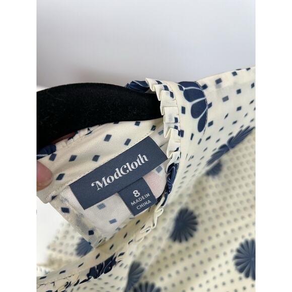 Modcloth Retro Disco Dress Mini Short Open Back Long Sleeve Size 8 Ivory Blue - Picture 8 of 13